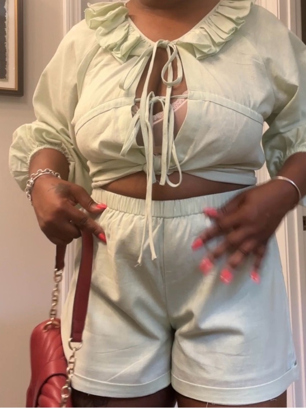 Mint Tie-Front Ruffle Crop Top & Elastic Waist Shorts Set